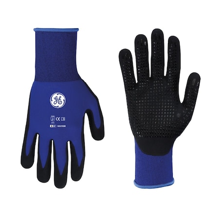 Ge Dotted Palm Coated Gloves, Micro Foam Nitrile, Dotted, Royal Blue/Black, M 24 PK GG216M